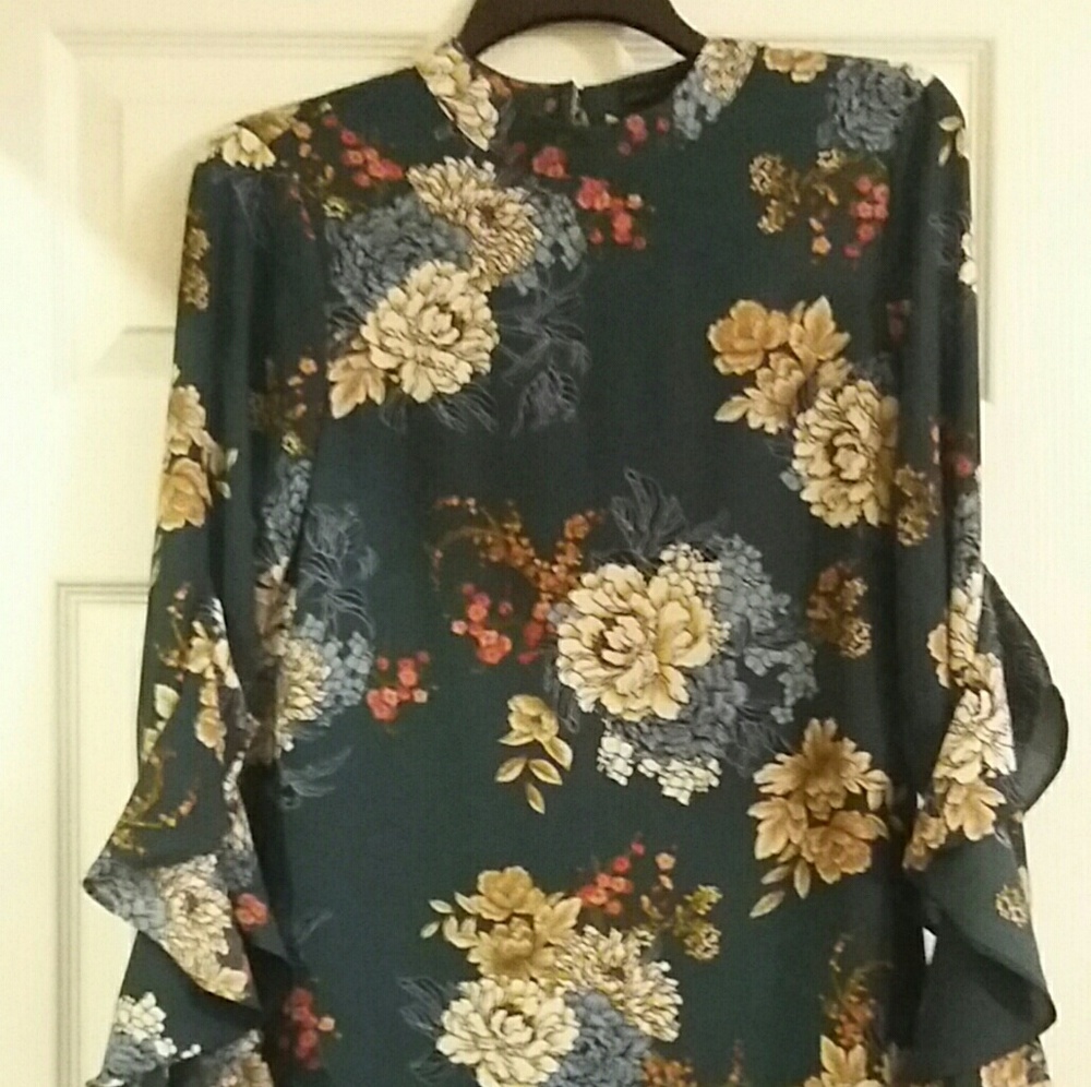 Bebop ruffle sleeve blue green floral dress S - Picture 4 of 7